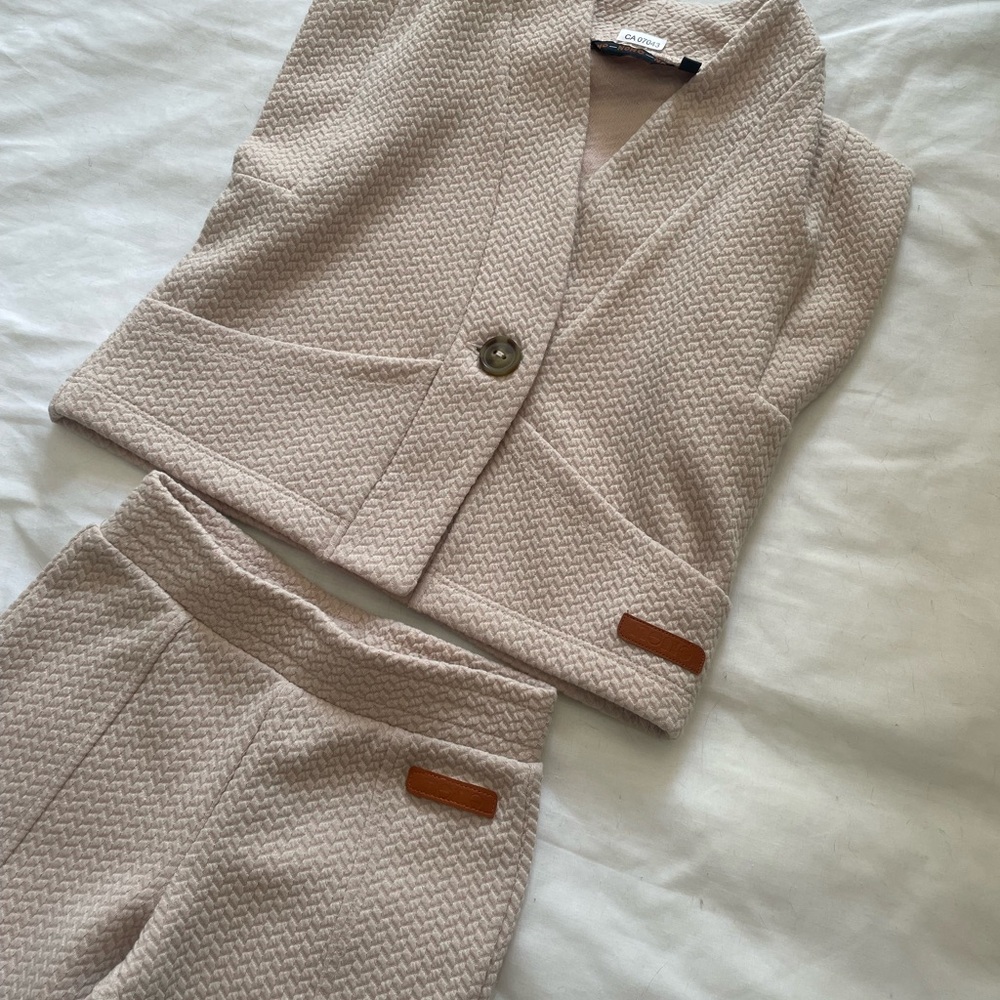 Beige Textured Vest and Pants Set